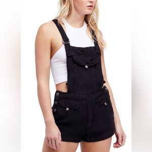 Free People Black Linen Short Overalls